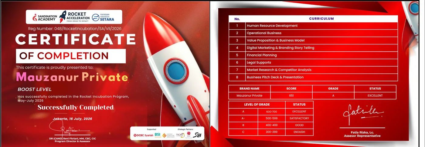 Sertifikat Rocket Incubation Program 2026 untuk Mauzanur Private, skor 651 grade A
